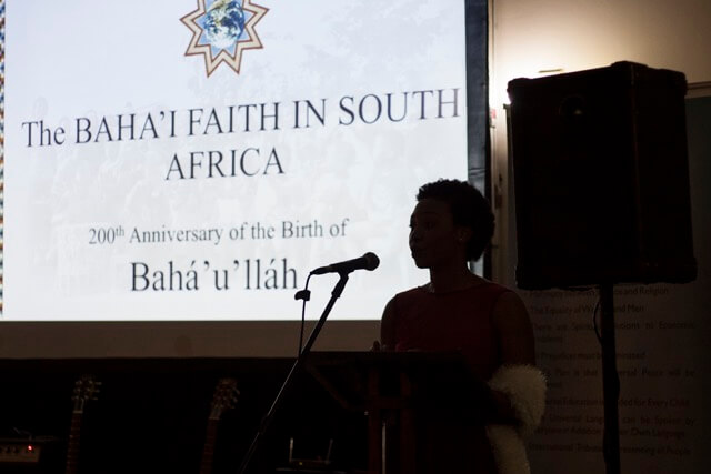 eThekwini - 
	The celebration took place on Saturday, 21 st October at the Durban Jewish Centre. Just over 200 people
	attended with representatives from almost all religions, including professional musician Lu Dlamini, and
	peace activist Ela Ghandi. The feeling of unity was felt by all the guests who were present. Preparations
	for the bicentenary in Durban also included an art Exhibition for peace dedicated to Baha'u'llah.